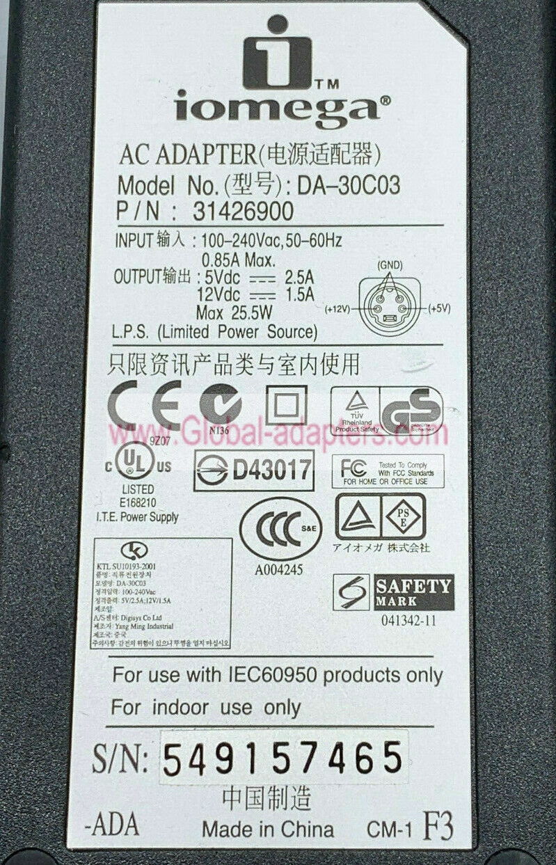 New Iomega DA-30C03 31426900 AC Adapter Charger 5V/2.5A 12V/1.5A for External Storage Media - Click Image to Close
